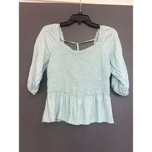 Japan  Light Blue Smocked Peplum Top‎ 3/4 Sleeve Lace Detail Square Neck Large